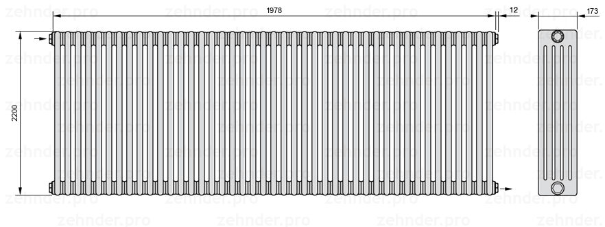 Схема (чертеж) Радиатор Zehnder Charleston 5220/43 №1670 Белый глянцевый RAL 9016